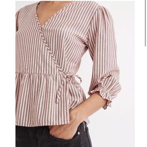 {Madewell} Striped Peplum Wrap Top With Puff-Sleeves~ Size XS